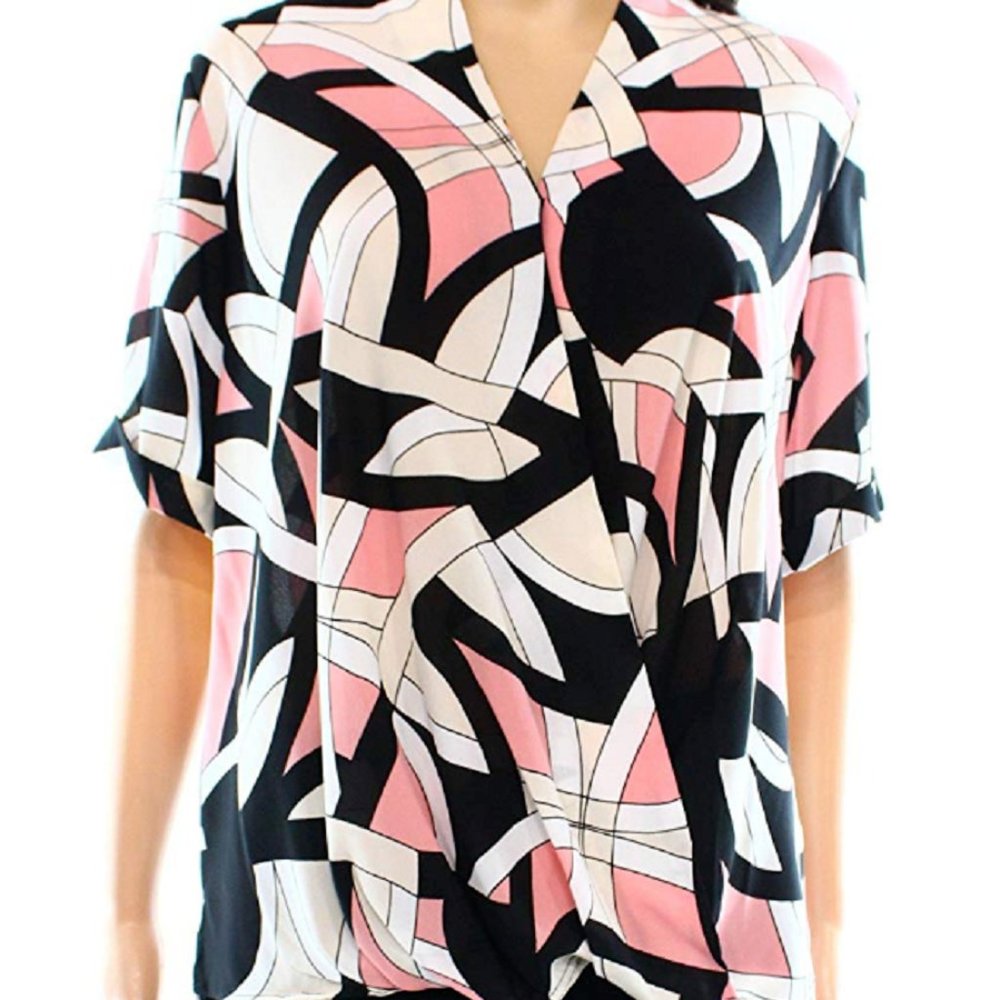 Alfani Women's Printed V-Neck Seamed Blouse Black, Size 4, Retail $59.50
